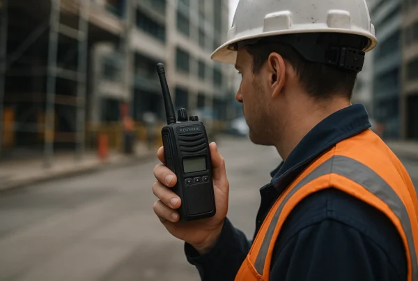 A man holding a Kenwood 2 Way Radio