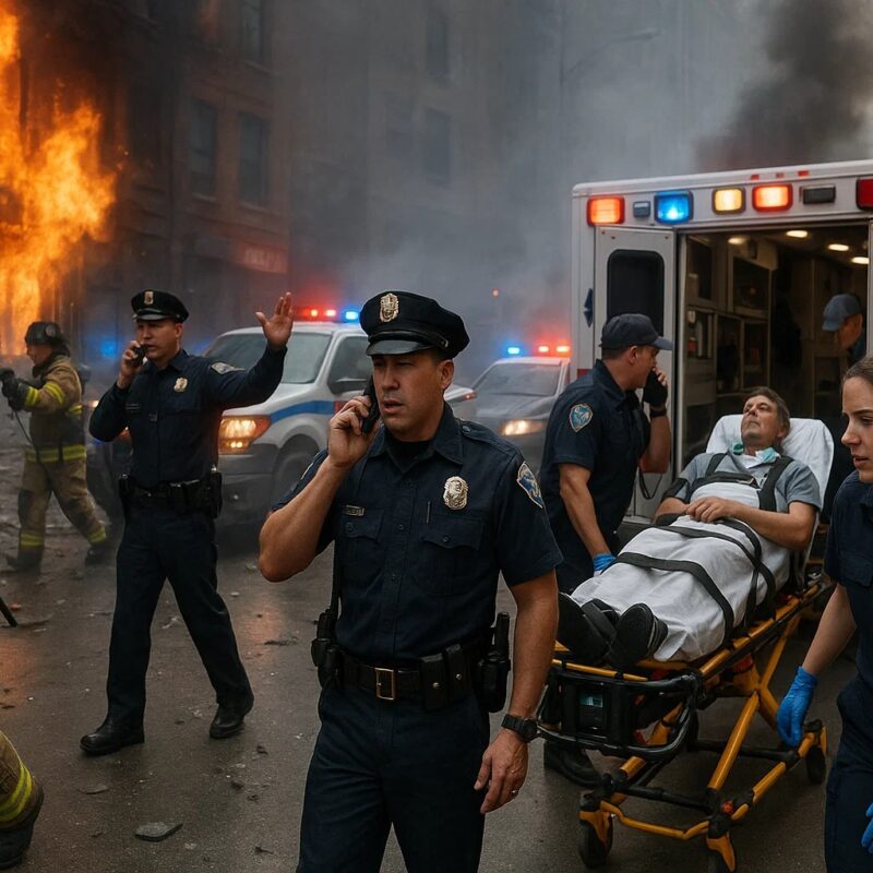 A high-stress emergency scene showing coordinated teams using two-way radios: firefighters battling a blaze, police officers directing traffic, and EMTs loading a patient into an ambulance. Emphasize realism, urgency, and teamwork. Urban and natural disaster environments with visible smoke, flashing lights, and diverse responders in uniform. Clear sky or twilight lighting for dramatic effect. Professional, cinematic, documentary style.