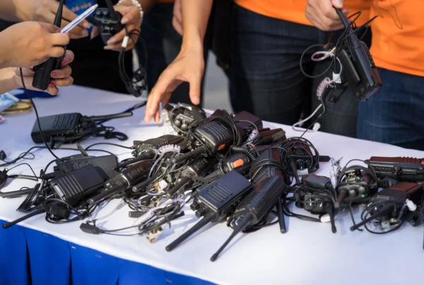 Old and new 2 way radios on a table