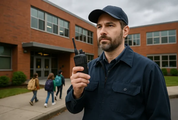 Man using a Two Way Radio at a school