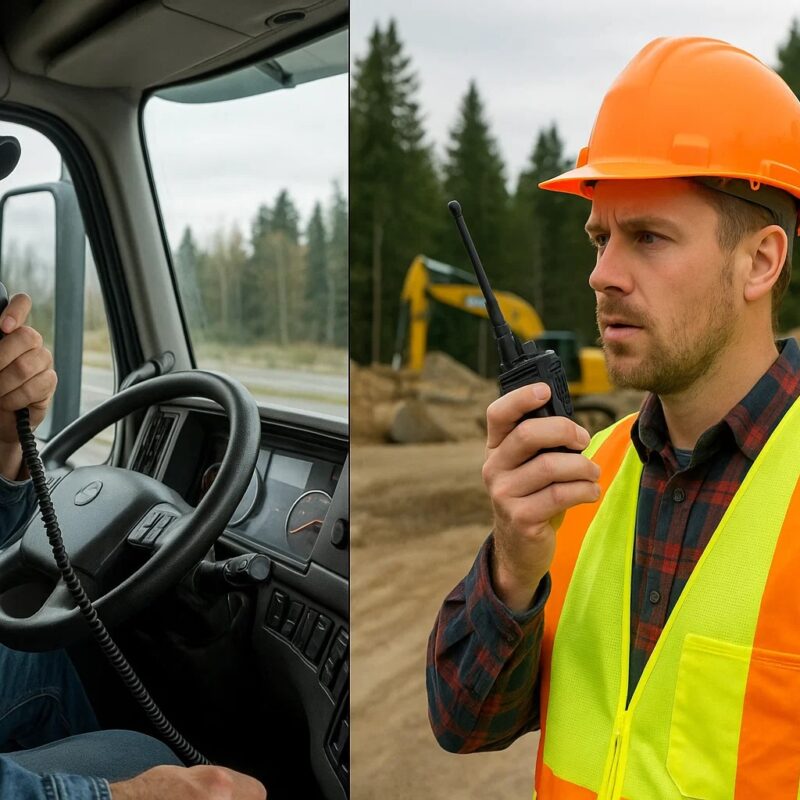 Side-by-side view of a trucker using a CB radio inside a semi-truck cab and a construction worker using a two-way radio on a job site.