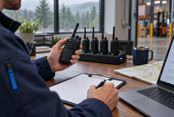 Business owner holding a handheld two-way radio at a desk with a clipboard, laptop and a charging dock of radios