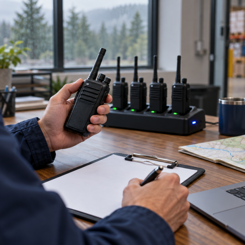 Business owner holding a handheld two-way radio at a desk with a clipboard, laptop and a charging dock of radios