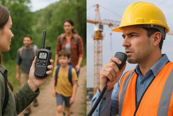 A side-by-side comparison graphic showing licensed vs. unlicensed two-way radios. On the left, a retail FRS walkie-talkie with a family hiking; on the right, a construction foreman using an ICOM mobile radio with a tower crane in the background.