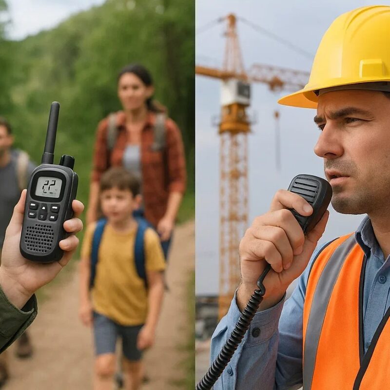 A side-by-side comparison graphic showing licensed vs. unlicensed two-way radios. On the left, a retail FRS walkie-talkie with a family hiking; on the right, a construction foreman using an ICOM mobile radio with a tower crane in the background.