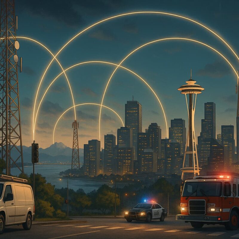 A modern cityscape of the Puget Sound region with communication towers and emergency response vehicles connected by glowing radio signals in the sky, symbolizing business and public safety communication