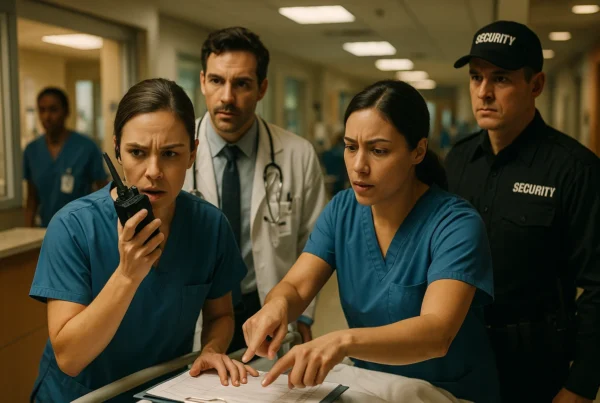 Based on your request, here is a highly realistic prompt for a blog image focusing on hospital communications: A cinematic photo capturing a high-stakes moment in a bustling hospital. A diverse team of medical professionals, including doctors and nurses, and security personnel, is actively coordinating a patient transfer using a two way radio.