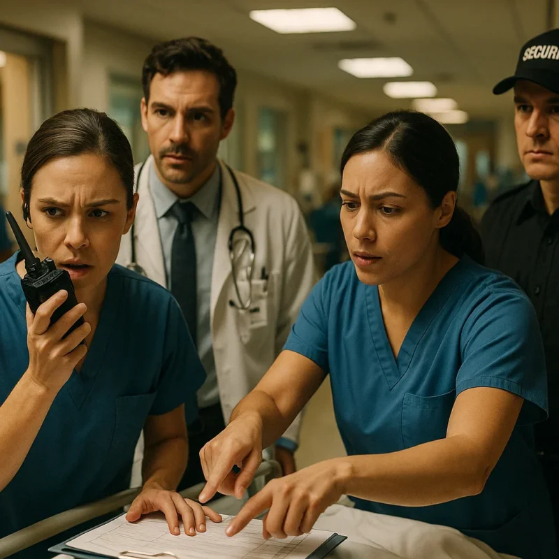 Based on your request, here is a highly realistic prompt for a blog image focusing on hospital communications: A cinematic photo capturing a high-stakes moment in a bustling hospital. A diverse team of medical professionals, including doctors and nurses, and security personnel, is actively coordinating a patient transfer using a two way radio.