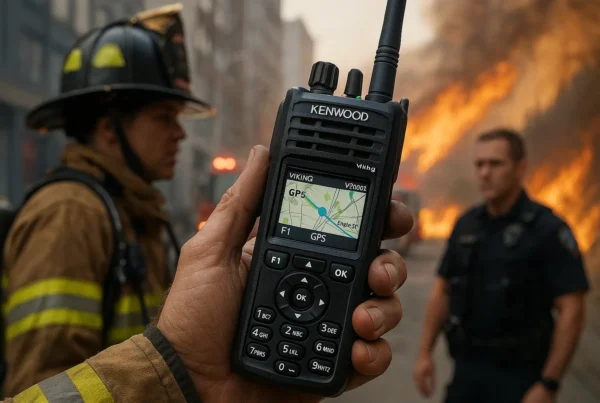 Rugged Kenwood Viking VP8000 multi-band radio in action with first responders in an urban and wildfire environment,