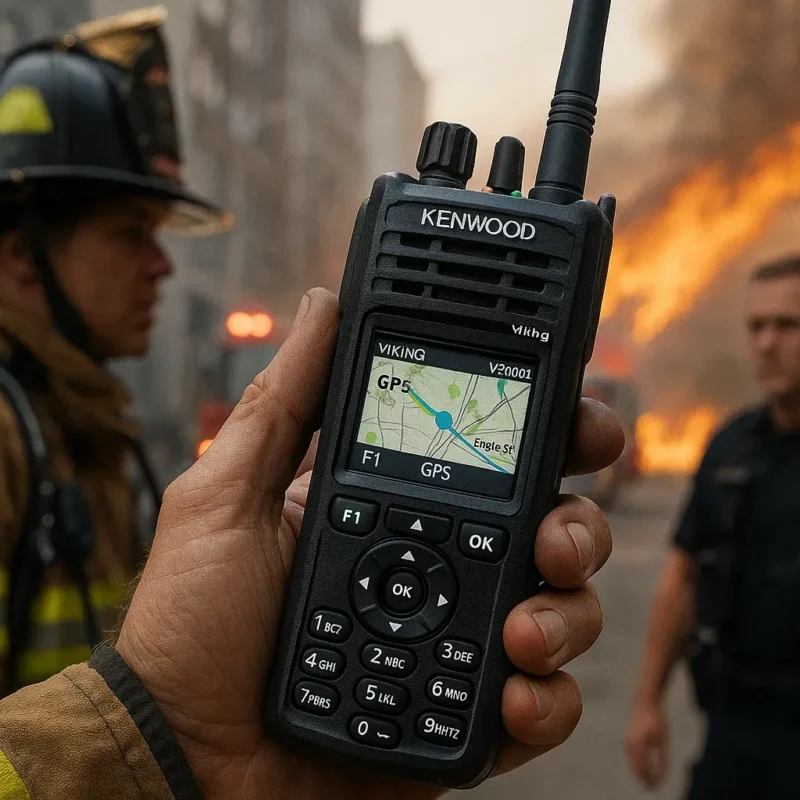 Rugged Kenwood Viking VP8000 multi-band radio in action with first responders in an urban and wildfire environment,