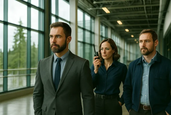 A professional, modern enterprise environment with employees using rugged two-way radios (Kenwood Viking style) inside a large corporate or industrial facility