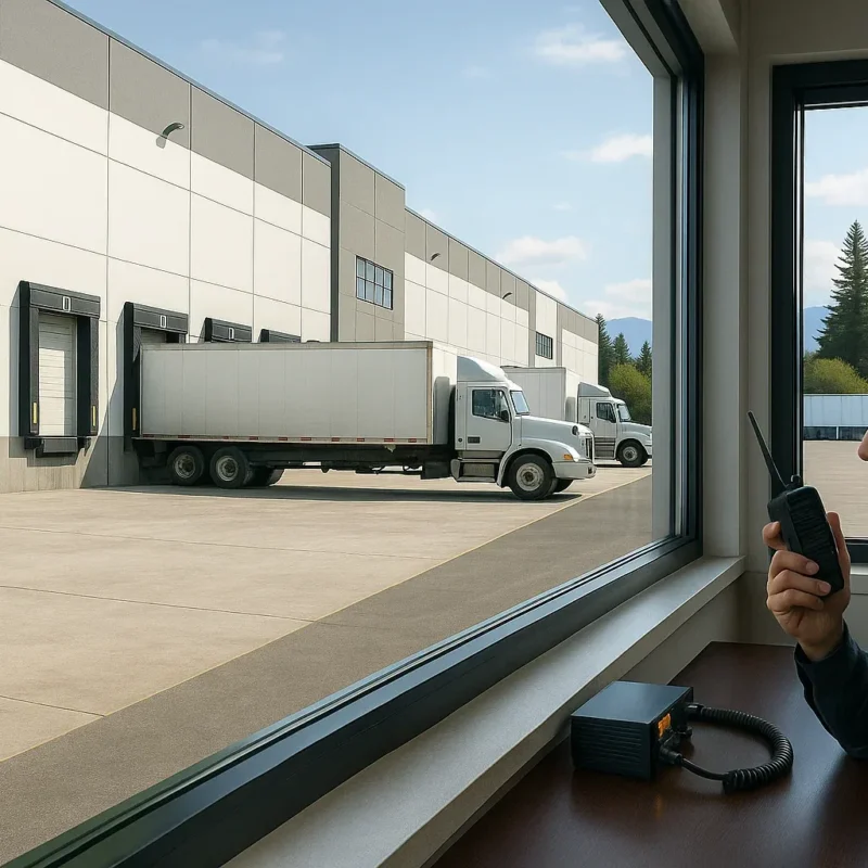 A modern logistics hub with trucks being loaded at a warehouse, workers using rugged two-way radios for coordination, fleet dispatch office with radio equipment,