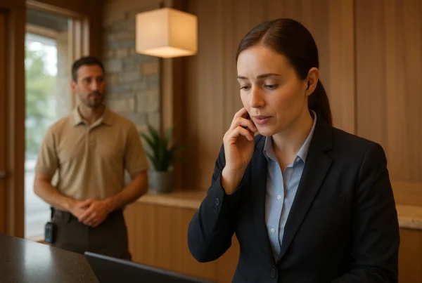 A hotel front desk staff member wearing a discreet earpiece, speaking quietly to a colleague over radio; a maintenance worker in the background with a small handheld radio clipped to their belt;