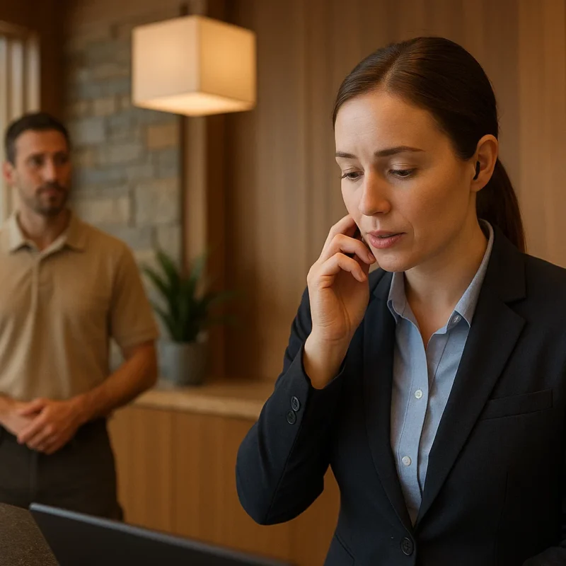 A hotel front desk staff member wearing a discreet earpiece, speaking quietly to a colleague over radio; a maintenance worker in the background with a small handheld radio clipped to their belt;