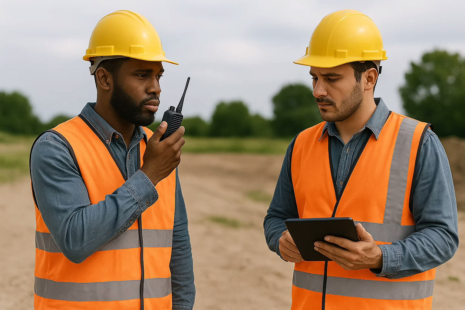 two field workers communicating on job sites, one using a handheld portable radio and the other nearby checking a tablet,