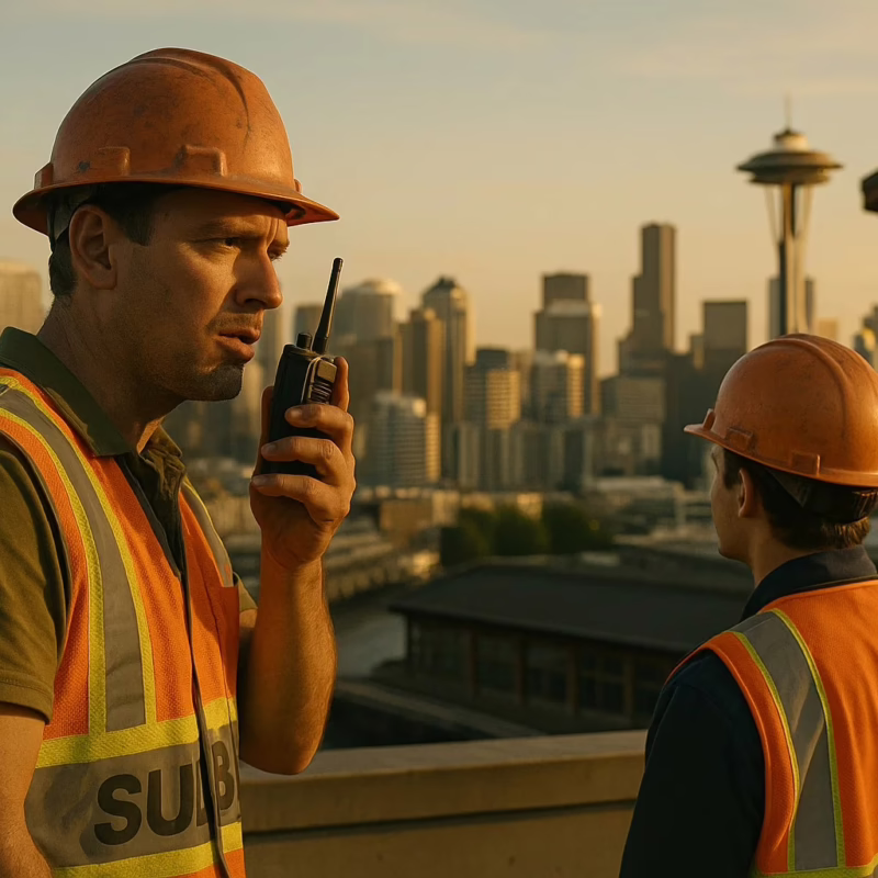 two construction workers on a rooftop in Seattle, Washington during the late afternoon. One worker, mid-thirties, wears a high-visibility, branded safety vest and a hard hat, speaking intently into a professional-grade handheld two-way radio.