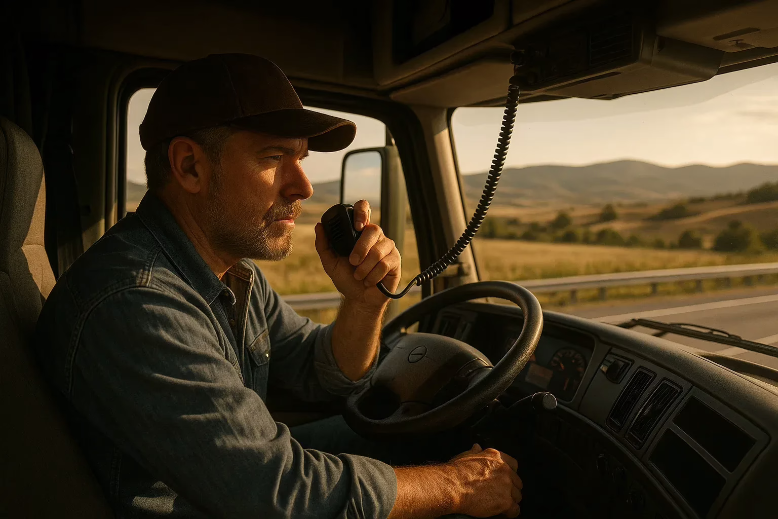 a truck driver parked on the side of a highway using a CB radio