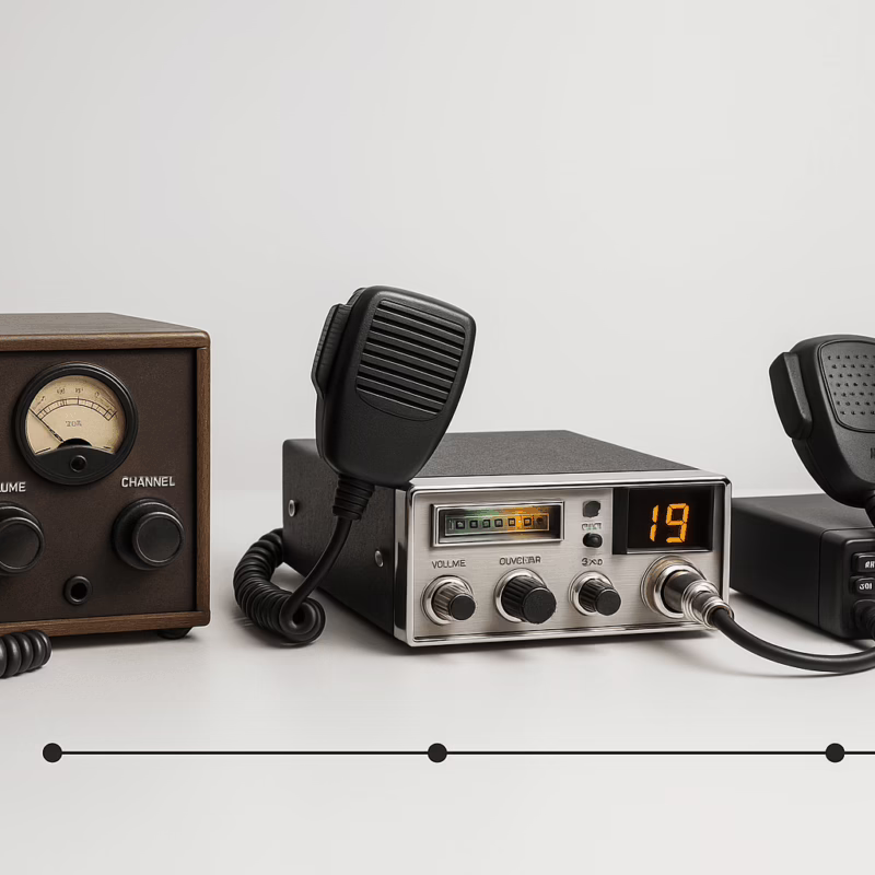 image showing the evolution of CB radios from vintage 1940s models to modern units.