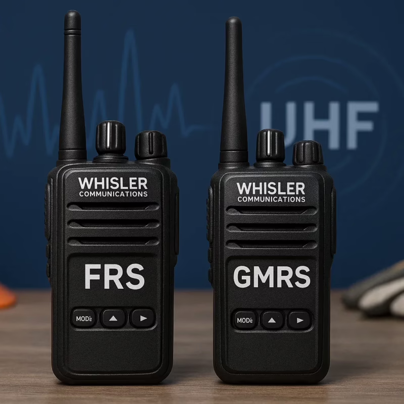 two way radios on a worksite table, labeled FRS and GMRS, with UHF frequency graphics in the background,