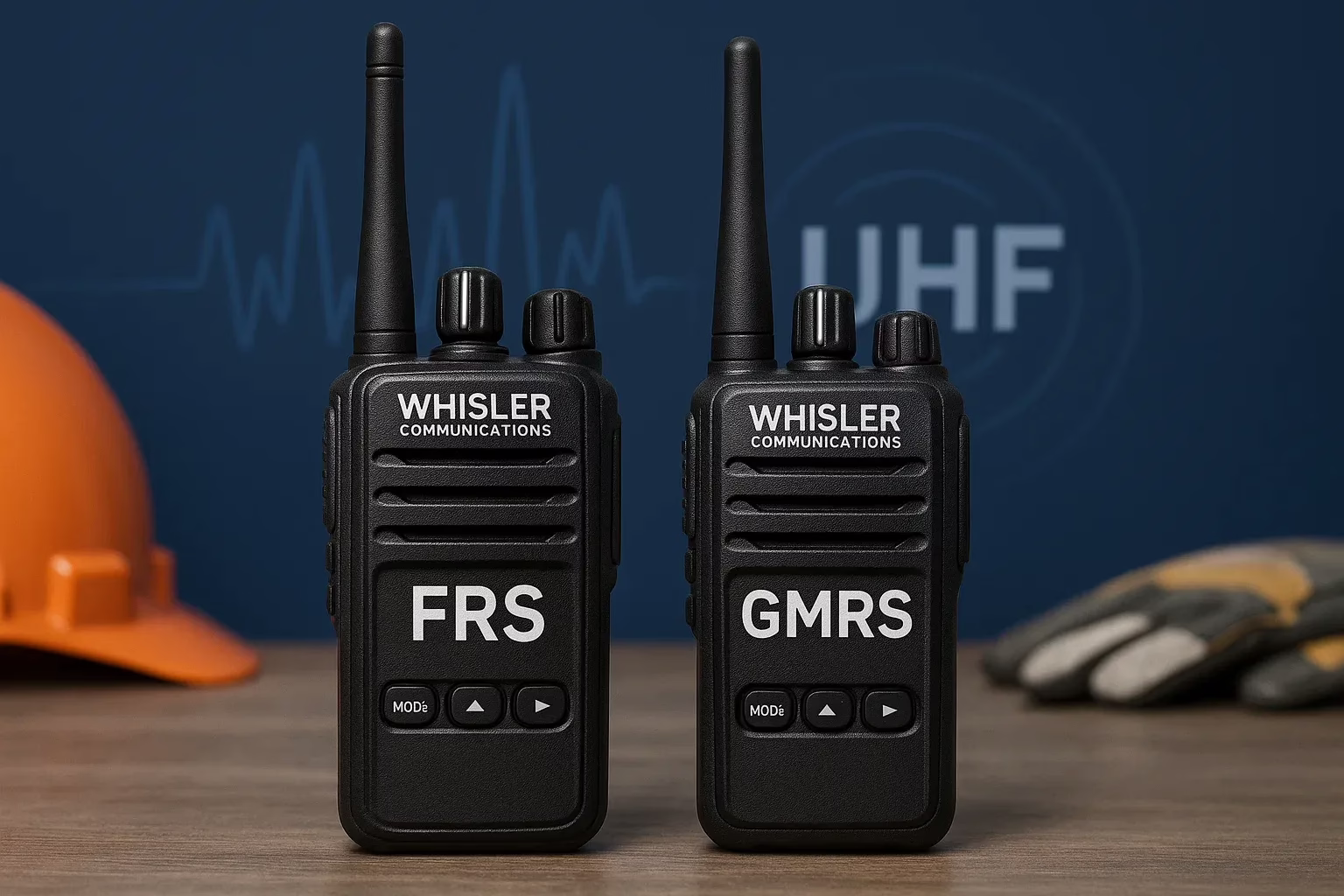 two way radios on a worksite table, labeled FRS and GMRS, with UHF frequency graphics in the background,