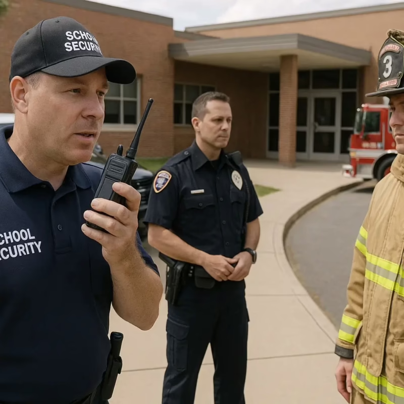 school campus safety and public safety coordination scene during a routine drill. A school security officer standing outside a main entrance holding a rugged FirstNet capable radio, calmly speaking with local police and fire responders nearby. Police vehicle and fire apparatus parked in the background, no emergency lights activated. Natural daylight, real school buildings, accurate uniforms, professional radios visible, quiet coordination between teams.