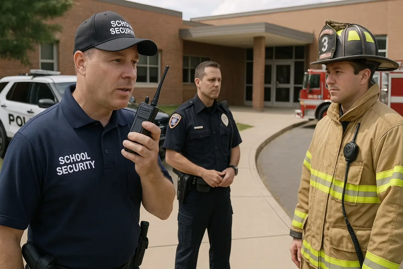 school campus safety and public safety coordination scene during a routine drill. A school security officer standing outside a main entrance holding a rugged FirstNet capable radio, calmly speaking with local police and fire responders nearby. Police vehicle and fire apparatus parked in the background, no emergency lights activated. Natural daylight, real school buildings, accurate uniforms, professional radios visible, quiet coordination between teams.