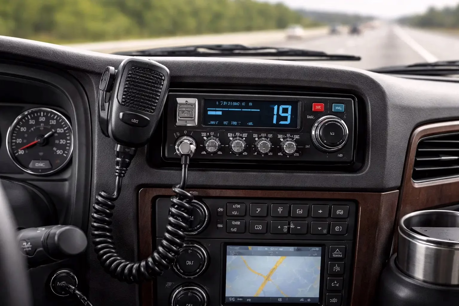 modern CB radio mounted inside a professional semi truck cab.