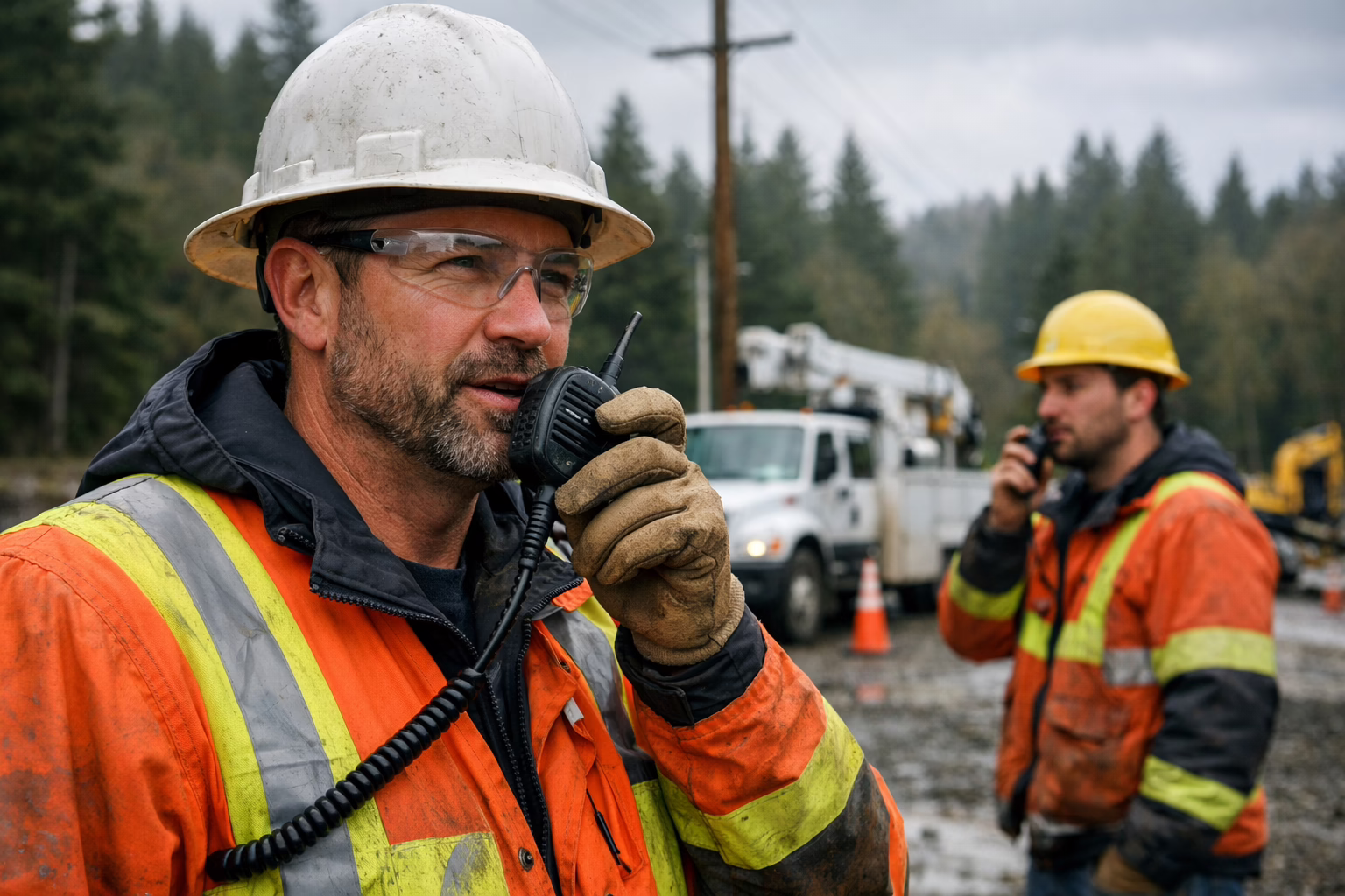 utility job site in Washington State near Olympia. Workers in safety gear using two way radios with speaker microphones,