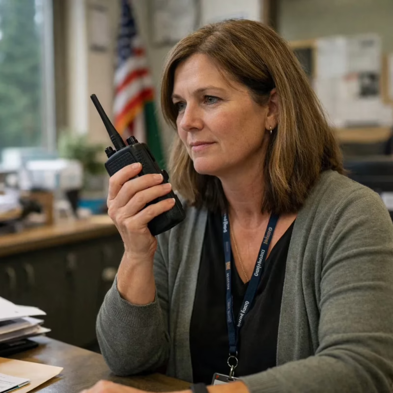 school administrator holding a two way radio inside a school office.