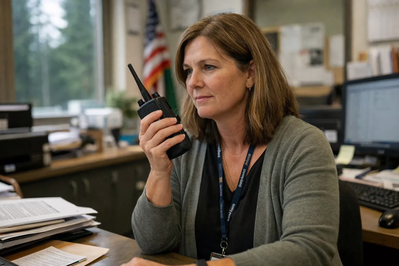 school administrator holding a two way radio inside a school office.