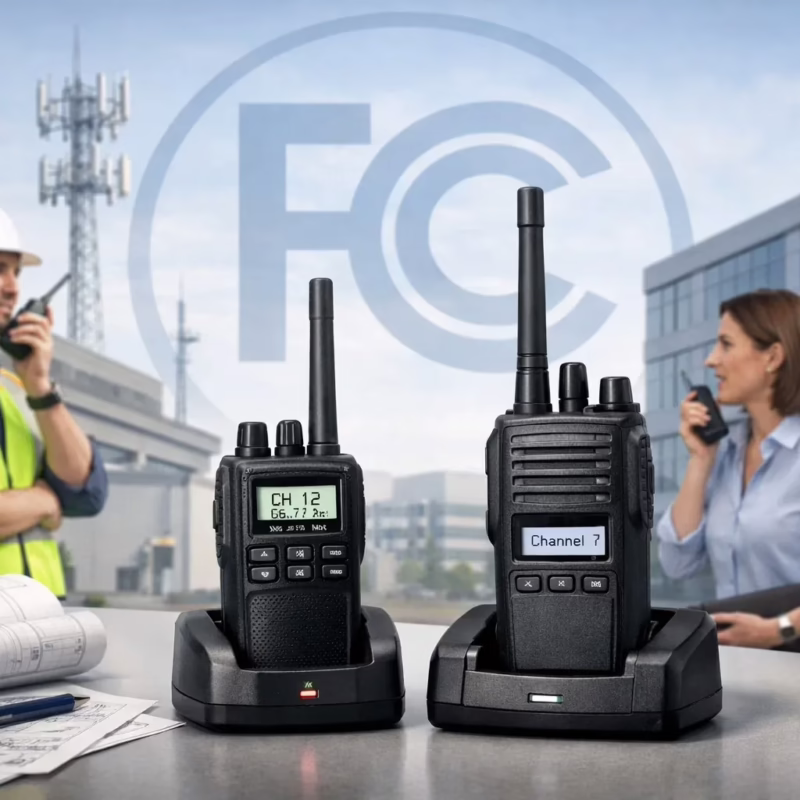 A professional communication setup showing two-way radios in use, with a subtle overlay of the FCC logo in the background, in a corporate or industrial environment.