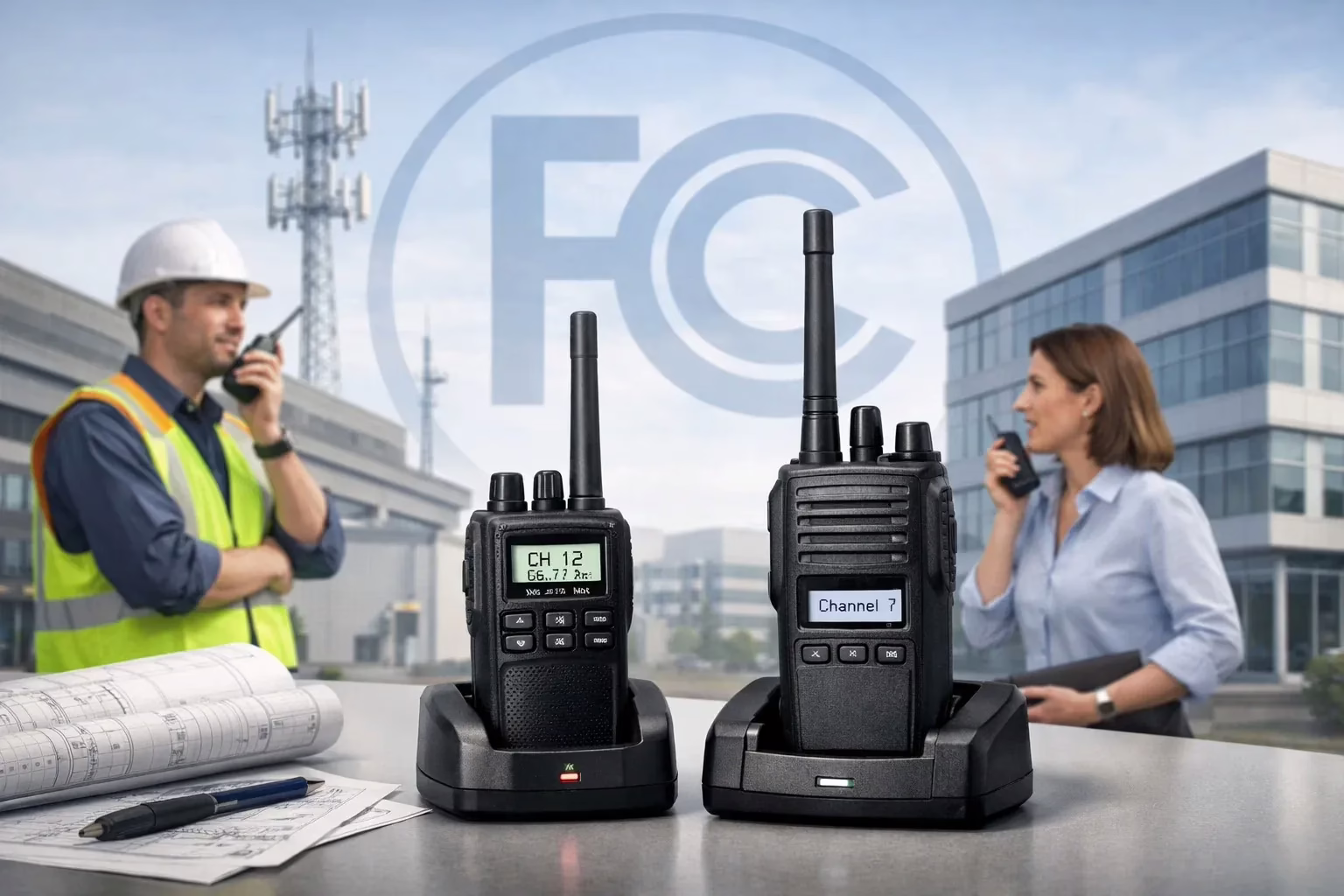A professional communication setup showing two-way radios in use, with a subtle overlay of the FCC logo in the background, in a corporate or industrial environment.