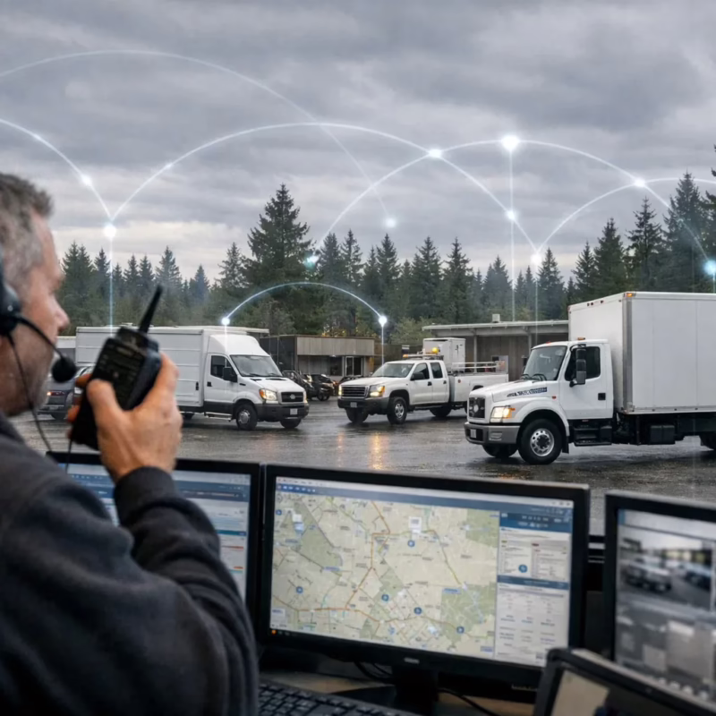 fleet operations environment in the Pacific Northwest. A dispatcher using a push-to-talk mobile radio in a control room while service vehicles and delivery trucks operate outside.