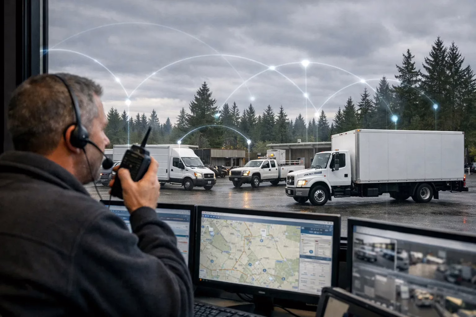 fleet operations environment in the Pacific Northwest. A dispatcher using a push-to-talk mobile radio in a control room while service vehicles and delivery trucks operate outside.
