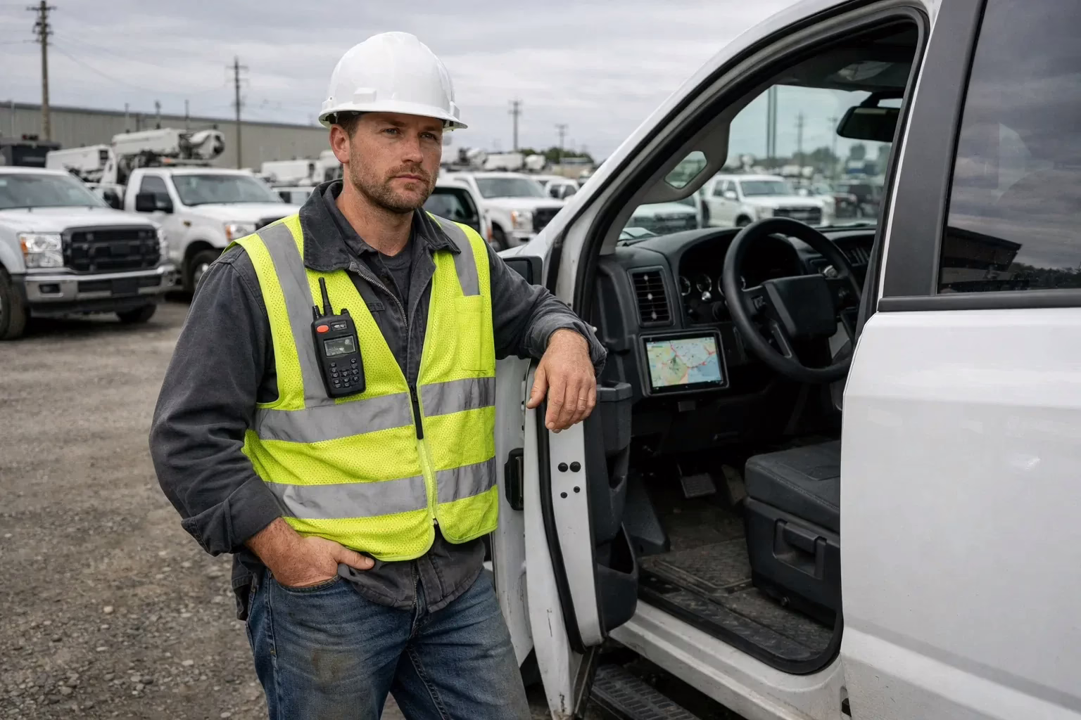 industrial yard with utility trucks parked in organized rows. Field technician wearing reflective vest and work boots stands beside a service truck, holding a digital two way radio clipped to their vest. The radio has a visible emergency button and antenna. Subtle GPS tracking tablet visible inside truck cab.