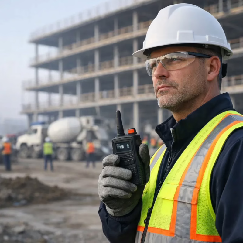 active commercial construction site in 2026 during early morning daylight. In the foreground, a construction supervisor wearing a white hard hat, reflective safety vest, safety glasses, work gloves, and steel toe boots is holding a modern black digital two way radio at chest level. The radio has a visible antenna, textured grip, emergency button on top, and a small screen showing signal bars and a GPS indicator icon.