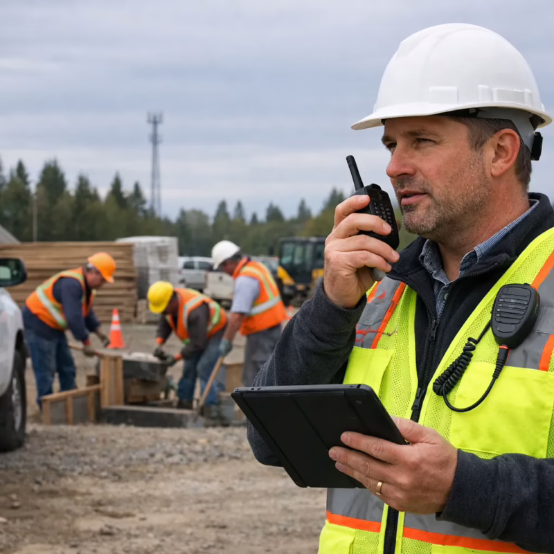 Construction supervisor using a two way radio on a job site in Thurston County Washington with crew working in the background