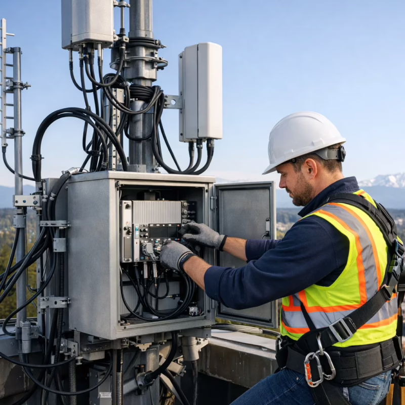 Radio repeater installation on rooftop tower in Olympia Washington extending two-way radio communication range