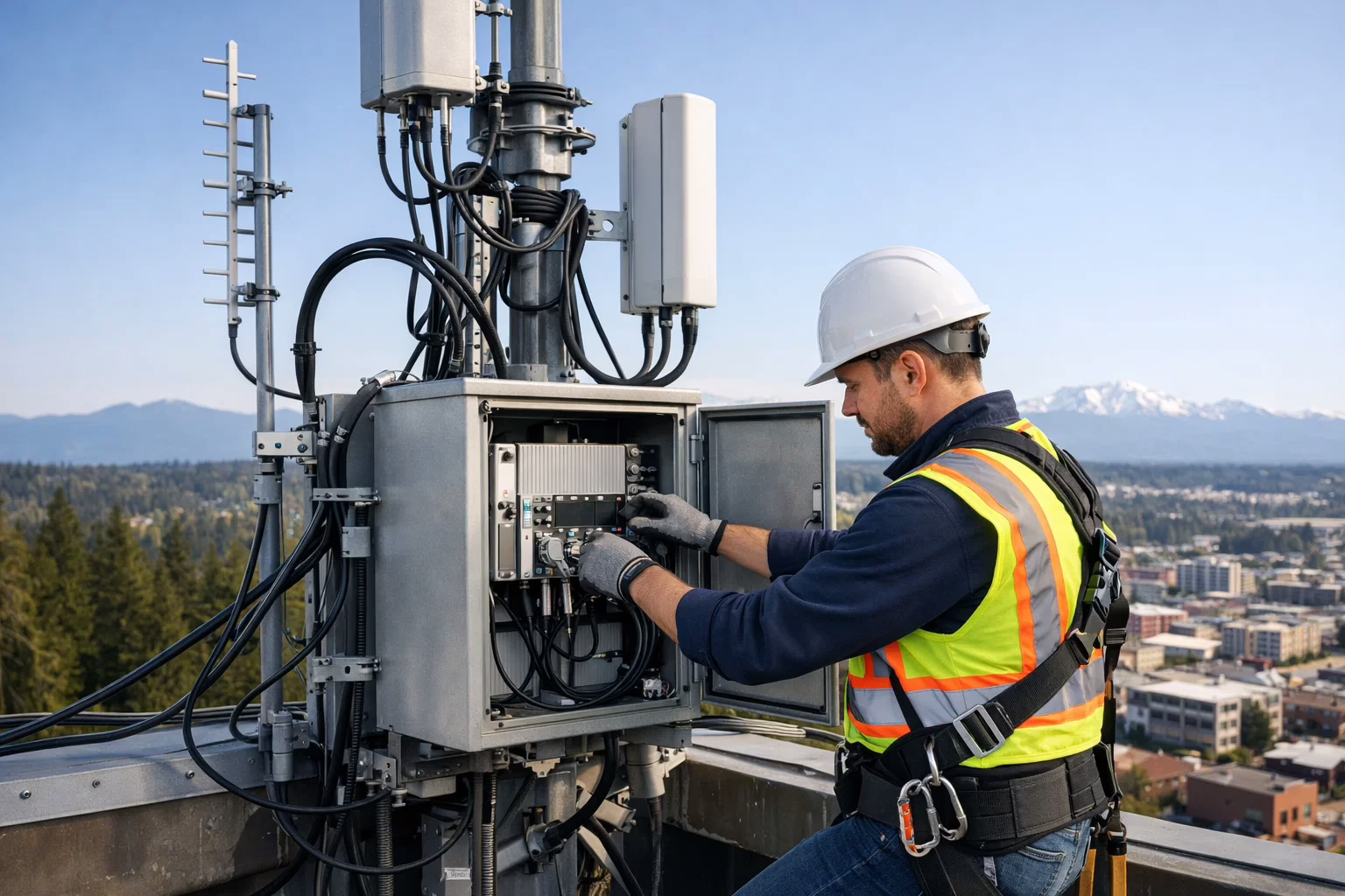 Radio repeater installation on rooftop tower in Olympia Washington extending two-way radio communication range