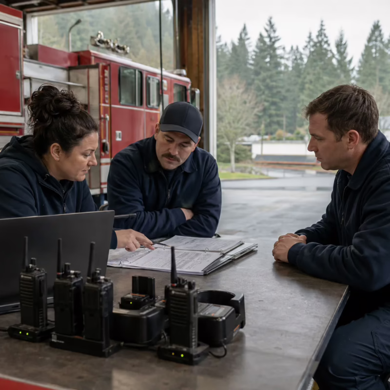 Communications specialist and two firefighters reviewing radios, chargers, paperwork, and a laptop inside a small Pacific Northwest fire station, with a red fire engine in the background.