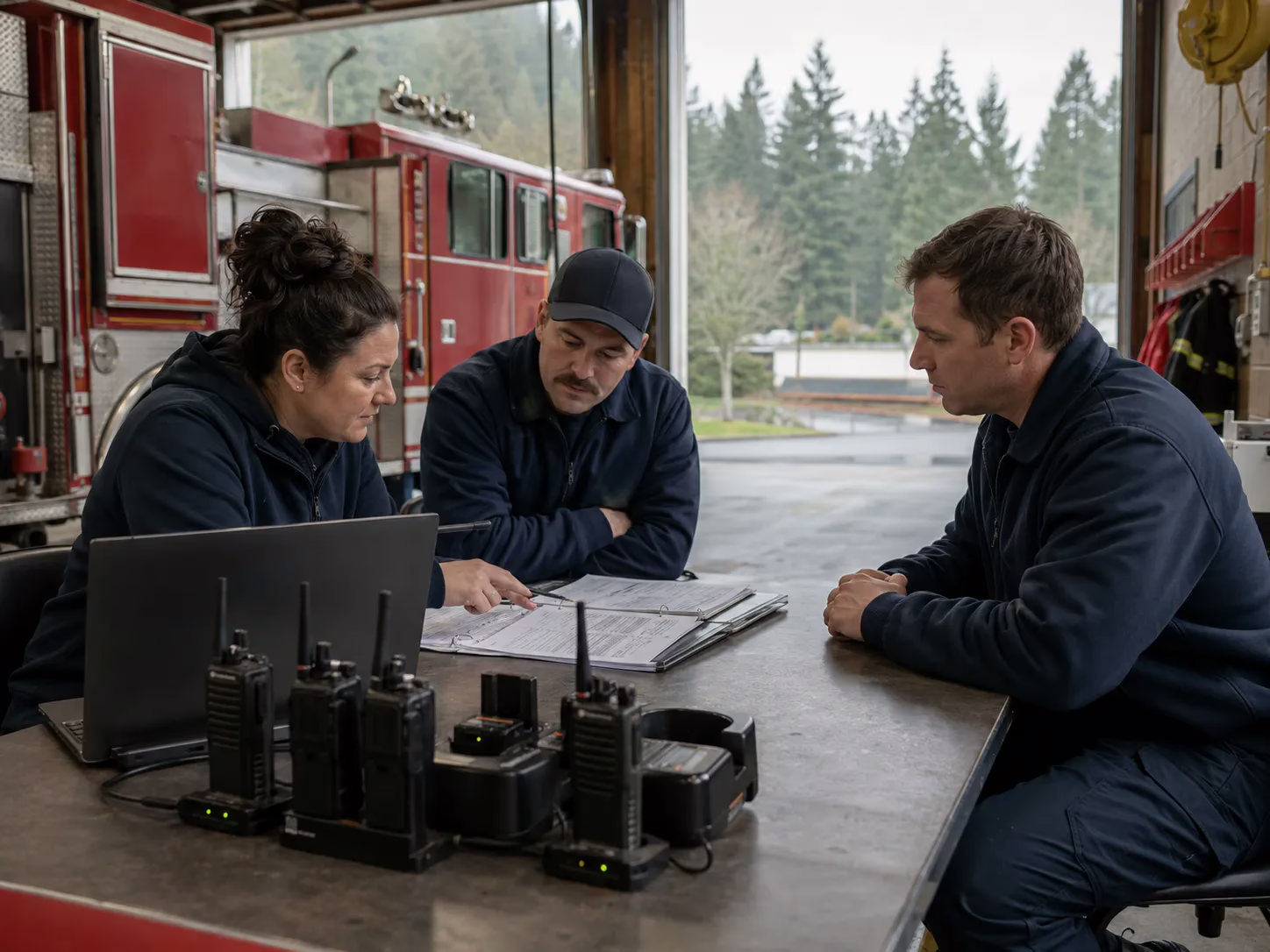 Communications specialist and two firefighters reviewing radios, chargers, paperwork, and a laptop inside a small Pacific Northwest fire station, with a red fire engine in the background.