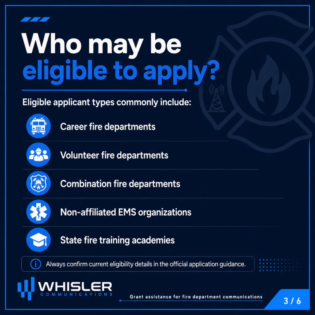 Infographic listing common AFG eligible applicant types, including career fire departments, volunteer fire departments, combination fire departments, non-affiliated EMS organizations, and state fire training academies.