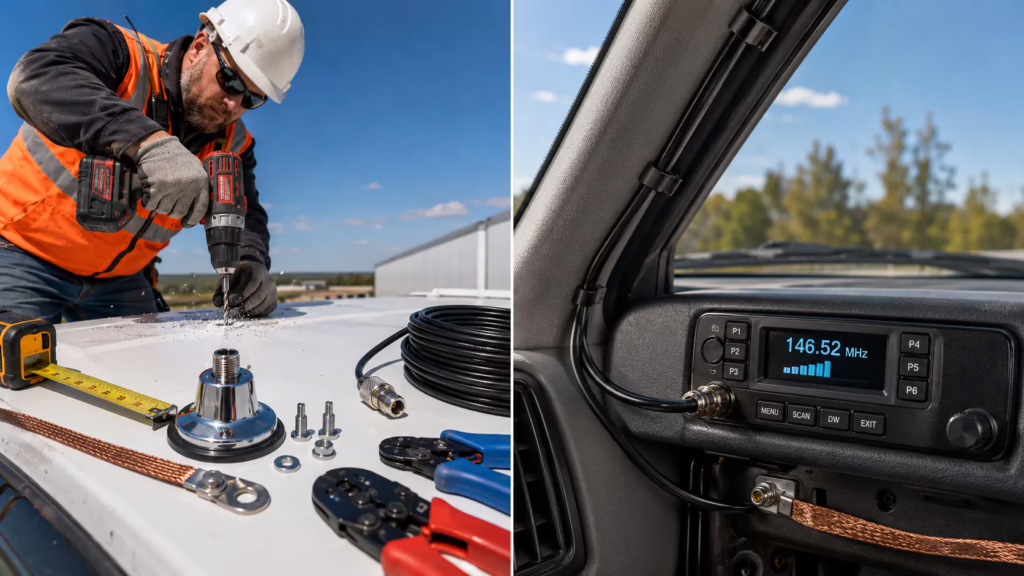 Split-screen comparison of professional two-way radio installation: technician drilling antenna mount on truck roof (left) and interior mobile radio unit with coaxial cable routing and ground strap connections (right)