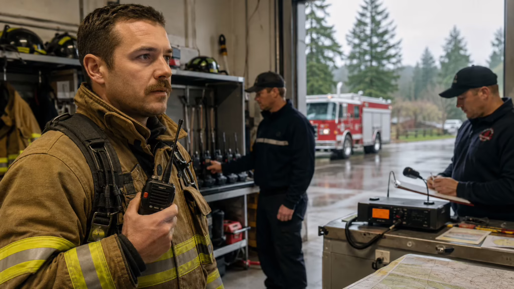 Volunteer firefighter holding a rugged two-way radio inside a Pacific Northwest fire station while crew members prepare emergency communication equipment.
