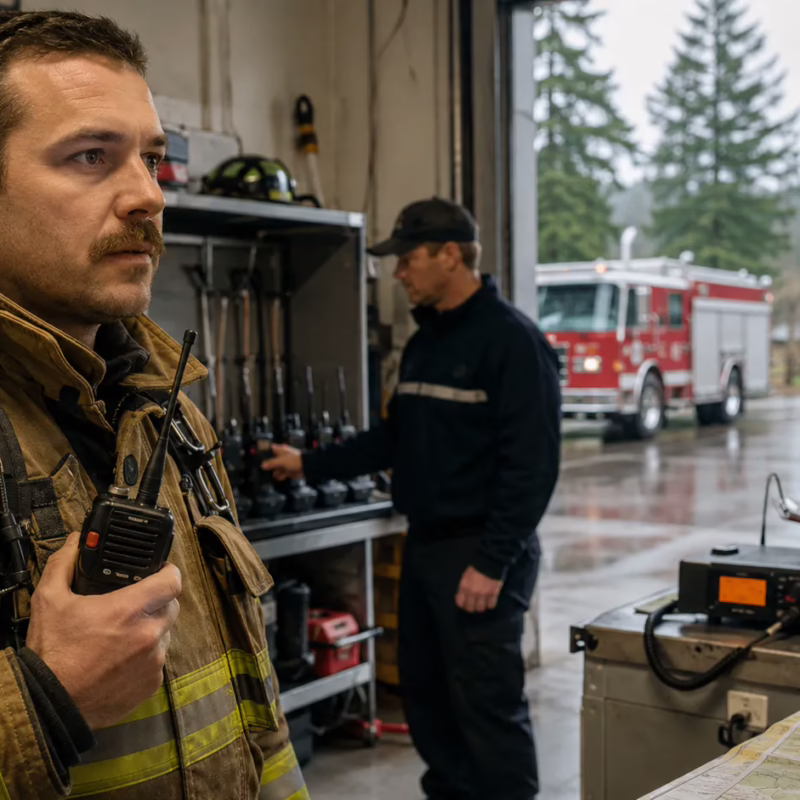 Volunteer firefighter holding a rugged two-way radio inside a Pacific Northwest fire station while crew members prepare emergency communication equipment.
