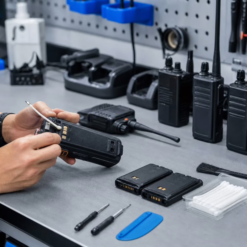 Technician cleaning the battery contacts of a two-way radio on a professional service workbench with radios, batteries, chargers, and maintenance tools arranged nearby.