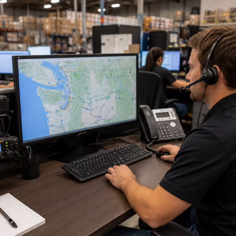 Fleet dispatcher wearing a headset monitors a Washington State route map at a logistics operations desk with a mobile radio base station in a Pacific Northwest warehouse.