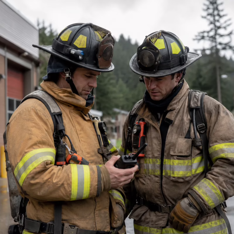 Two firefighters in turnout gear reviewing a portable radio outside a Pacific Northwest fire station.