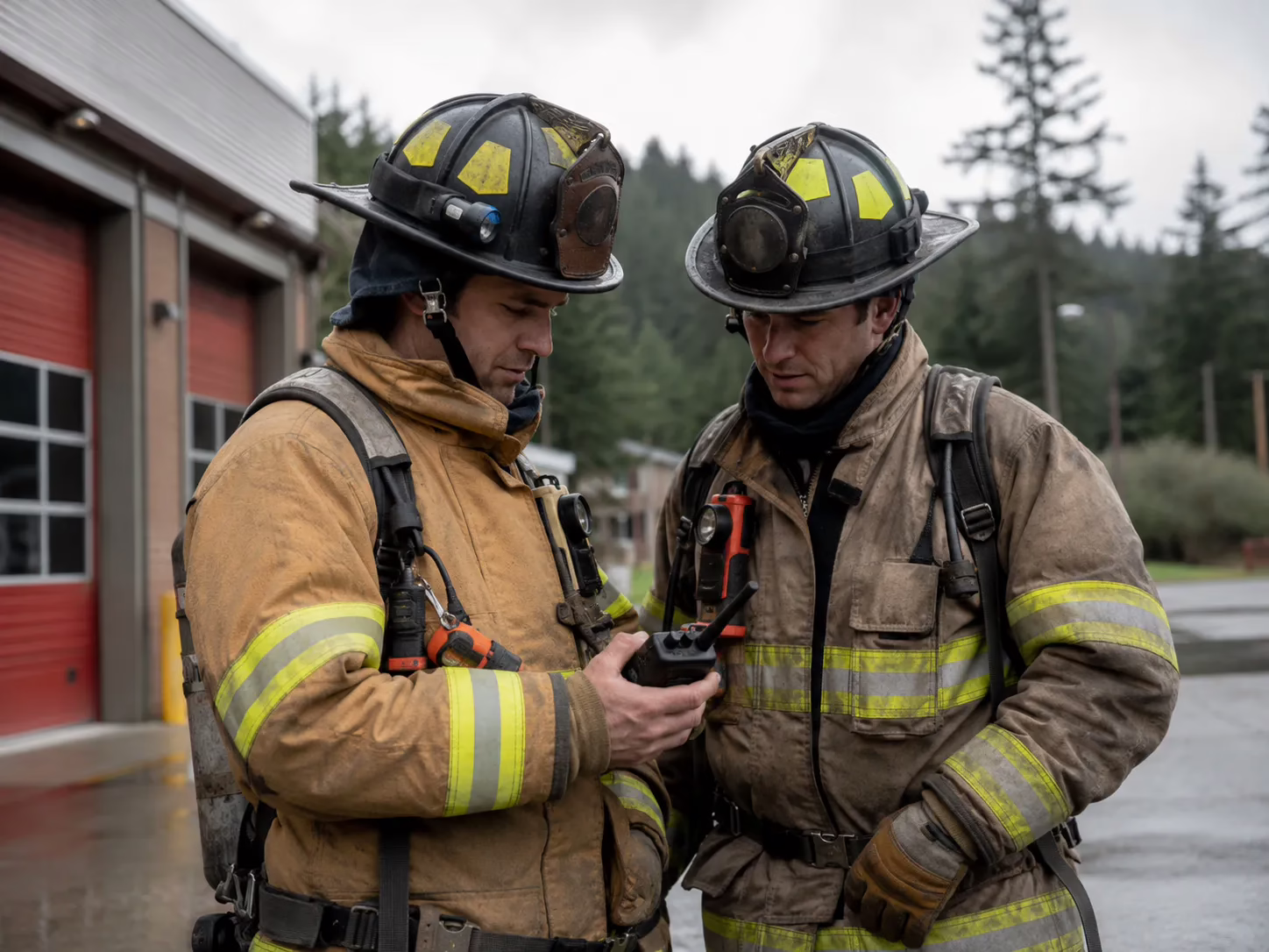 Two firefighters in turnout gear reviewing a portable radio outside a Pacific Northwest fire station.
