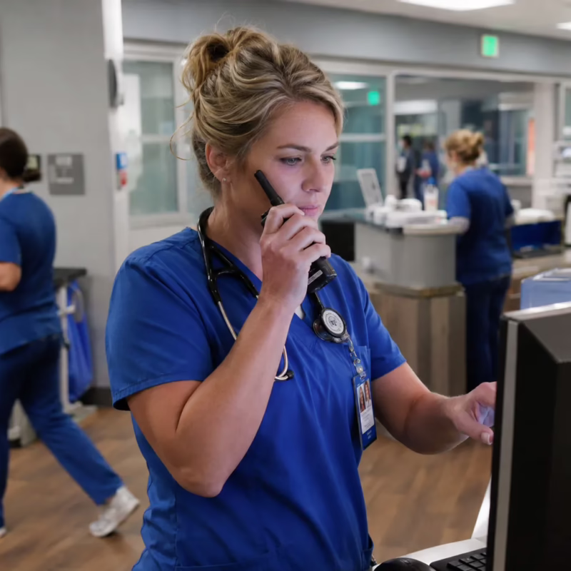 Charge nurse in blue scrubs stands at a busy hospital nursing station, holding a two-way radio to her ear while reviewing a patient chart on a computer monitor, with medical staff moving through a modern healthcare environment in the background.